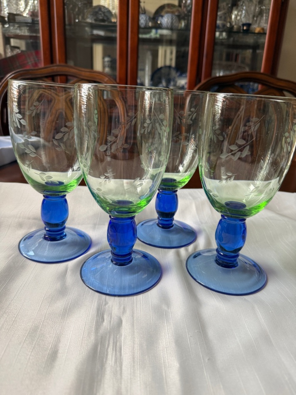 Pfaltzgraff Summer Breeze Blue & Green Etched Glass Iced tea Goblets - Set of 4